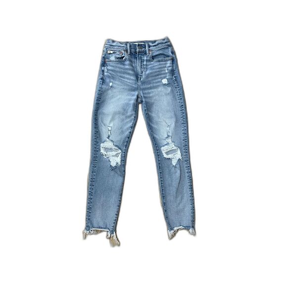 AE77 Mom Jean Distressed High Rise 00 Short Frayed Hem Organic Denim - Picture 1 of 8